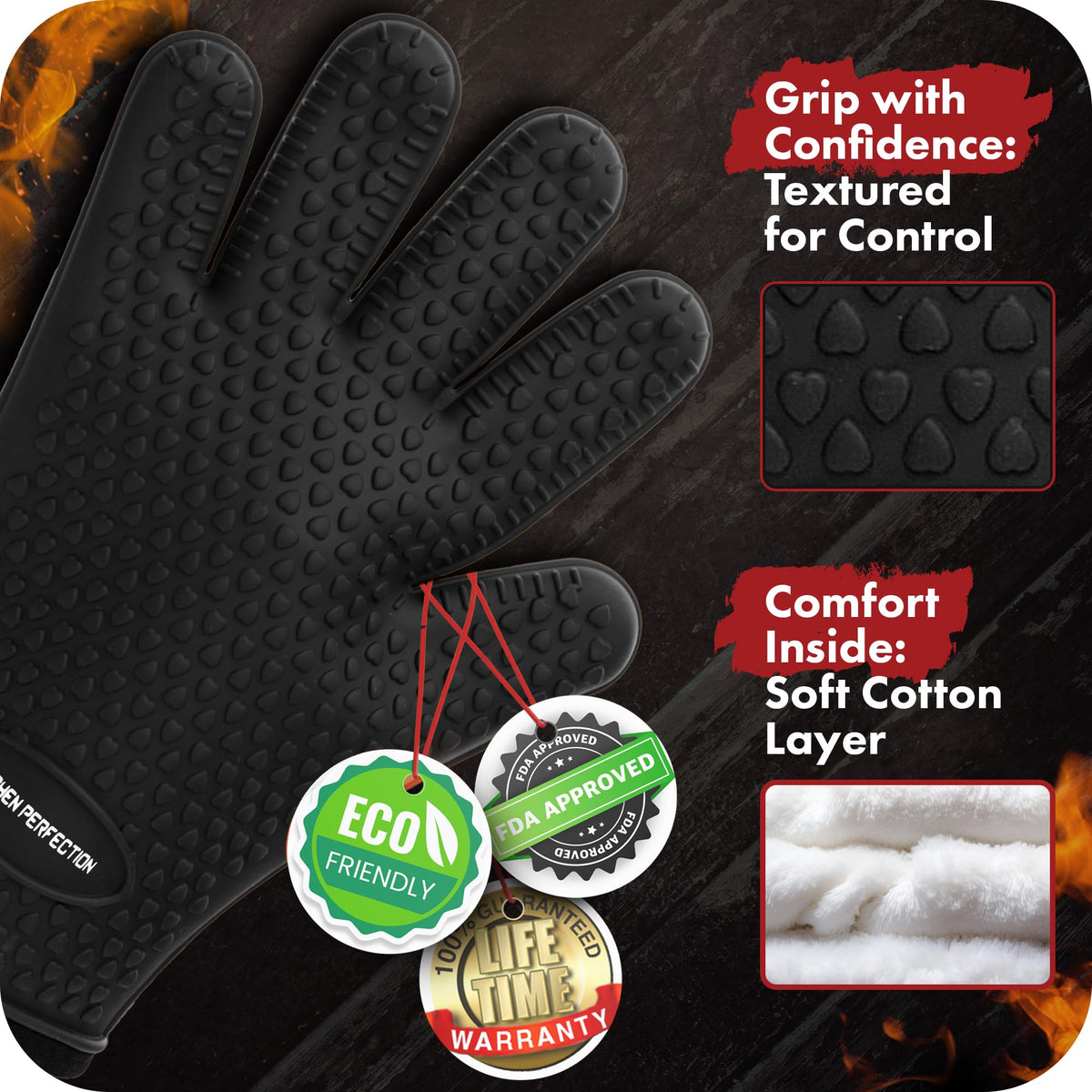 Kitchen Perfection gloves feature a non-slip, flexible grip for secure handling.