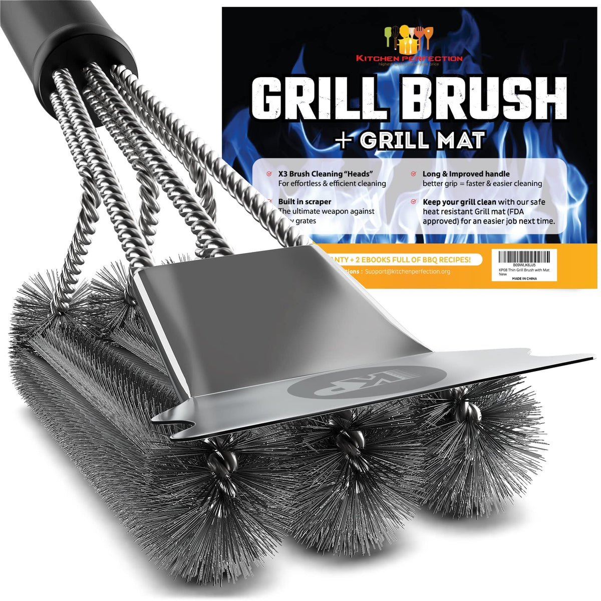 Kitchen Perfection Safe Wire Grill Brush with extended handle for easy outdoor grilling cleanup.