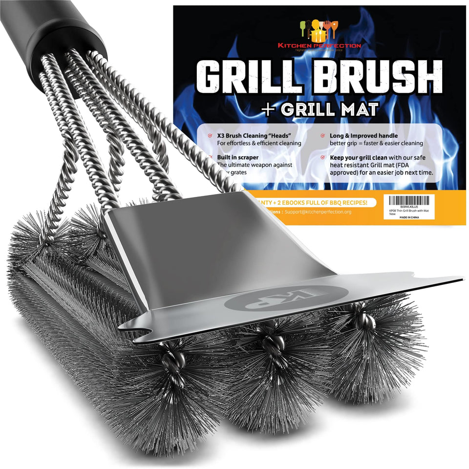 Kitchen Perfection Safe Wire Grill Brush with extended handle for easy outdoor grilling cleanup.