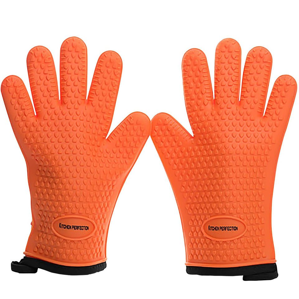 Kitchen Perfection silicone smoker gloves 11-inch on grill demonstrating heat resistance