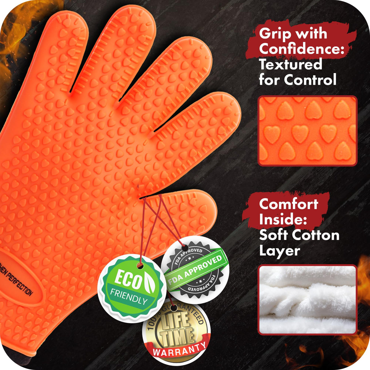 Kitchen Perfection 11-inch heatproof gloves shown for safe flipping on the grill