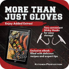 Kitchen Perfection gloves show waterproof cuff protecting hands during sauce-smearing tasks