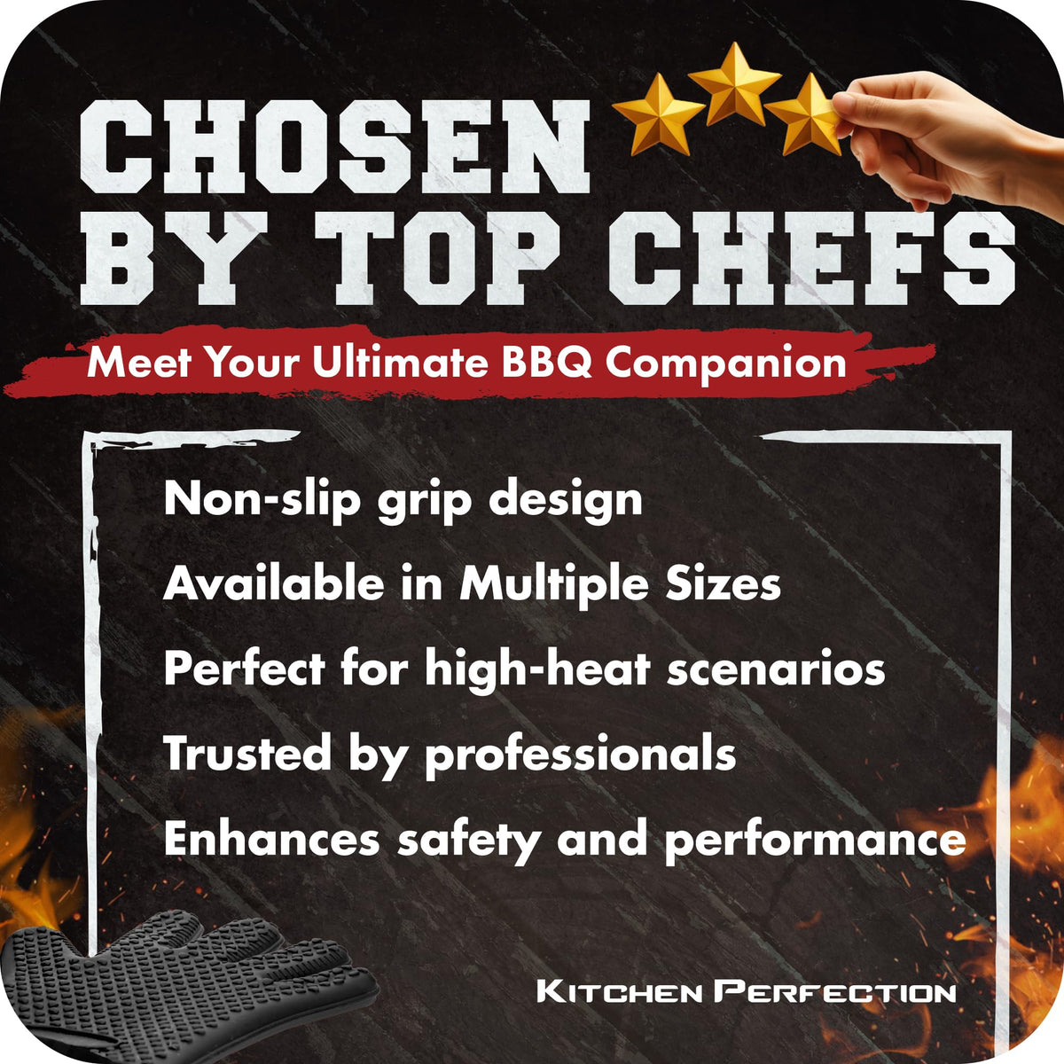 Kitchen Perfection smoker accessory set includes heat-resistant gloves for grilling.