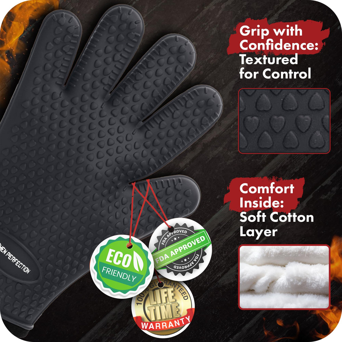 Kitchen Perfection waterproof-silicone-layer keeps hands dry while lifting steaming pots.