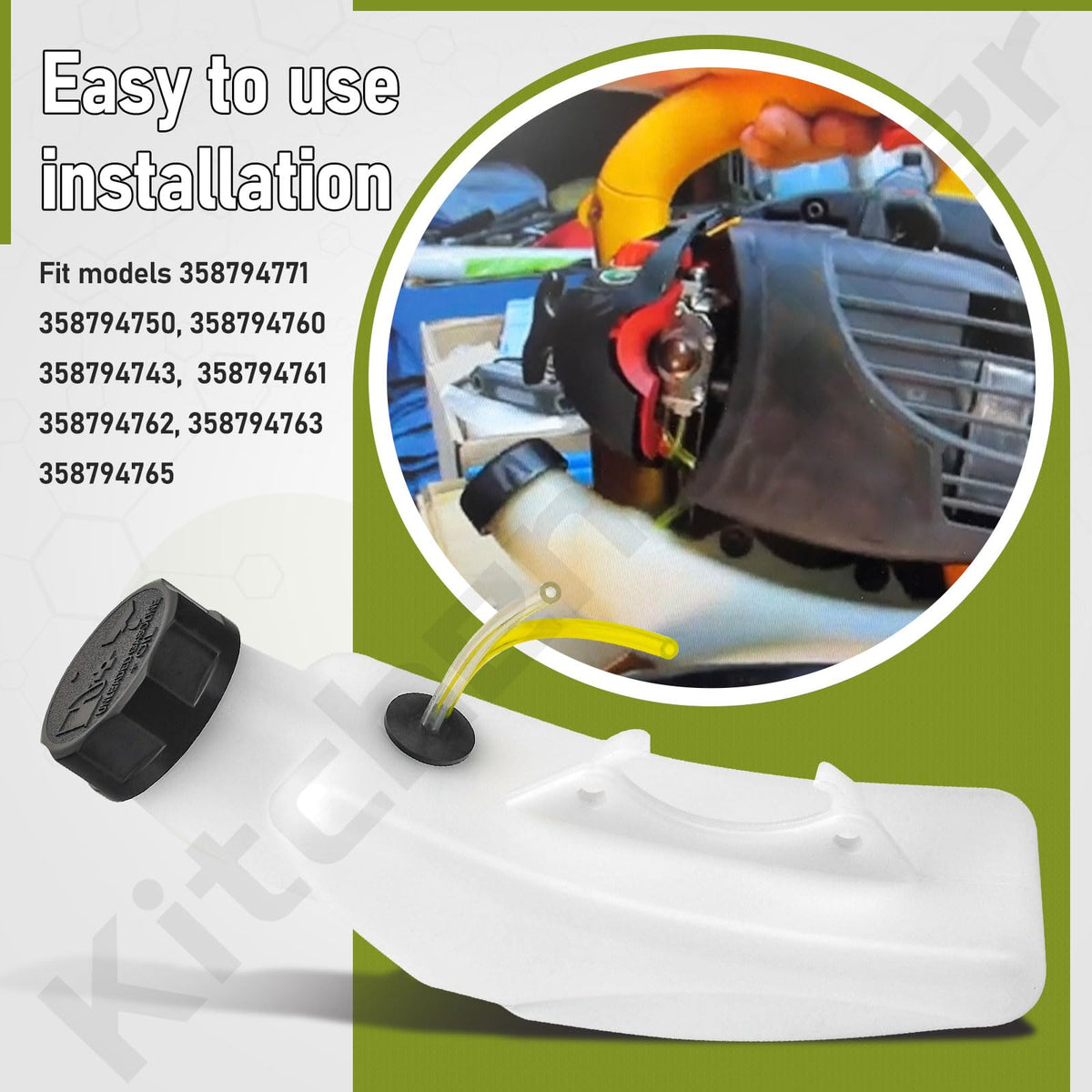 Fuel tank fitment covering listed model numbers for Husqvarna and Poulan Pro units