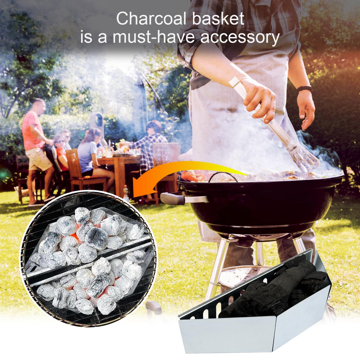 Kitchique charcoal basket outdoor grilling use emphasizes quick setup and balanced heat.