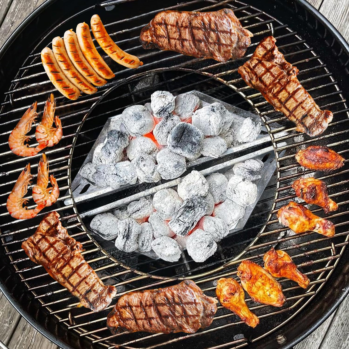 Kitchique charcoal basket two baskets assembled highlights flexible replacement for different grills.
