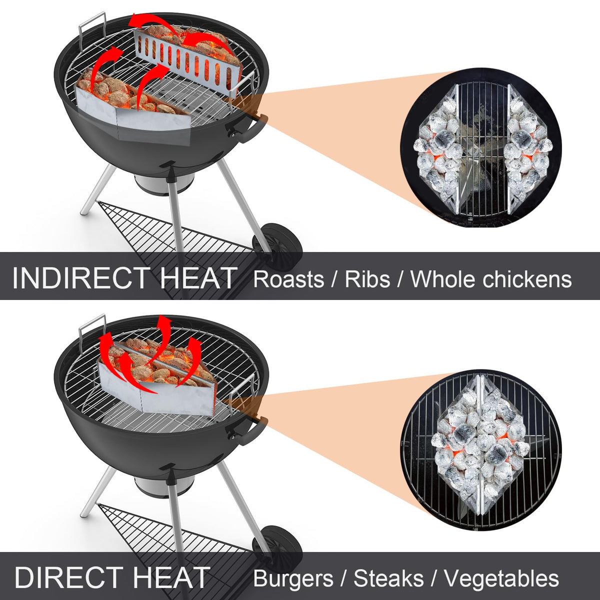 Kitchique charcoal basket versatile use supports vegetables and meat on outdoor barbecues.