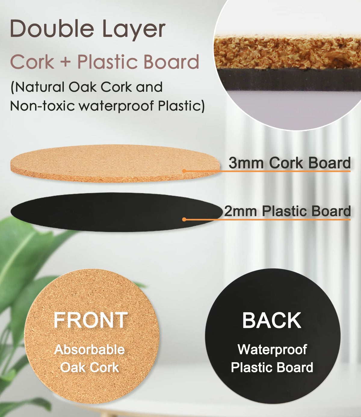 KITLAB cork planter coasters 4in closeup shows smooth finish and layers
