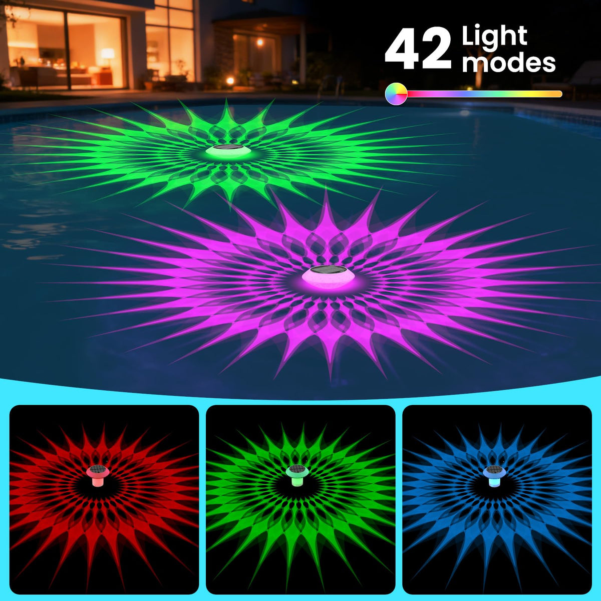 Kitloo RGB dynamic pool light showing multiple color modes for mood lighting.