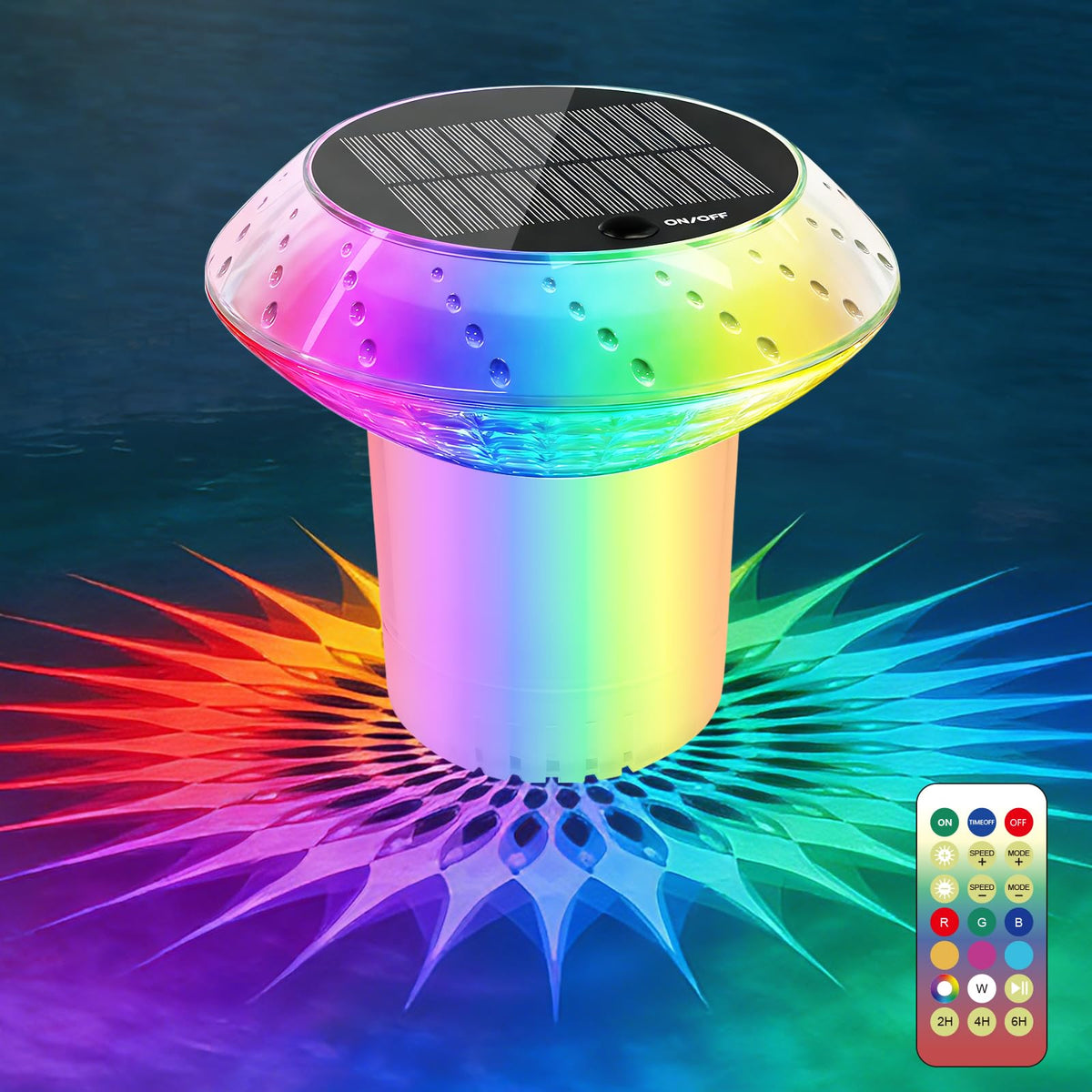 Kitloo solar chlorine floater with sun-powered LED lighting and tablet dispensing.