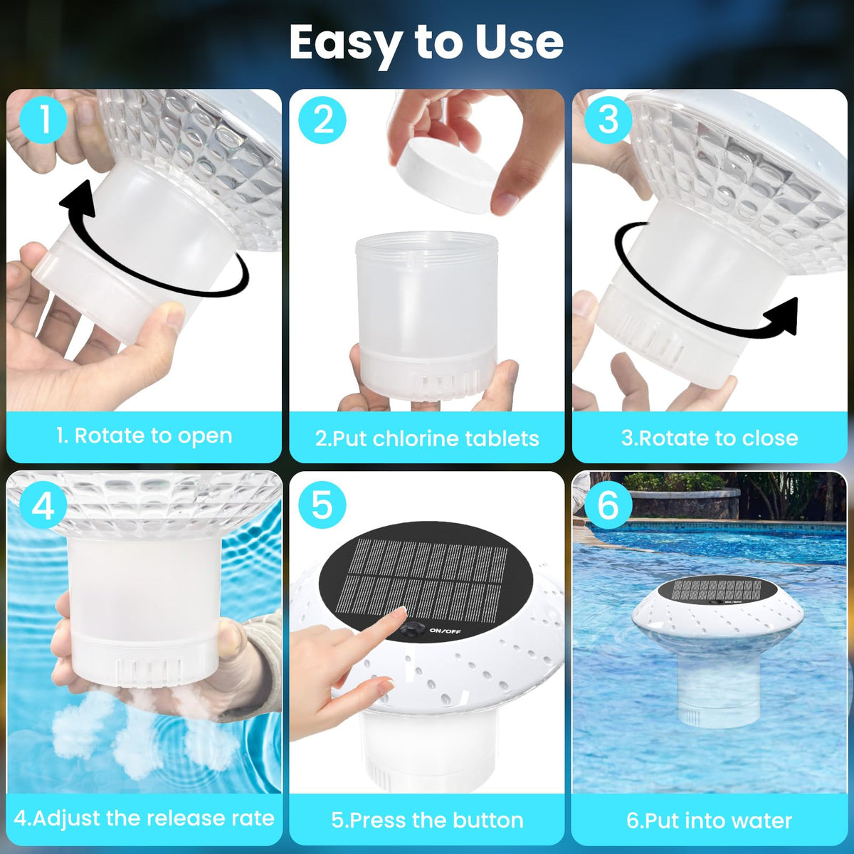 Kitloo usage guide image illustrating activation steps for the solar floater.