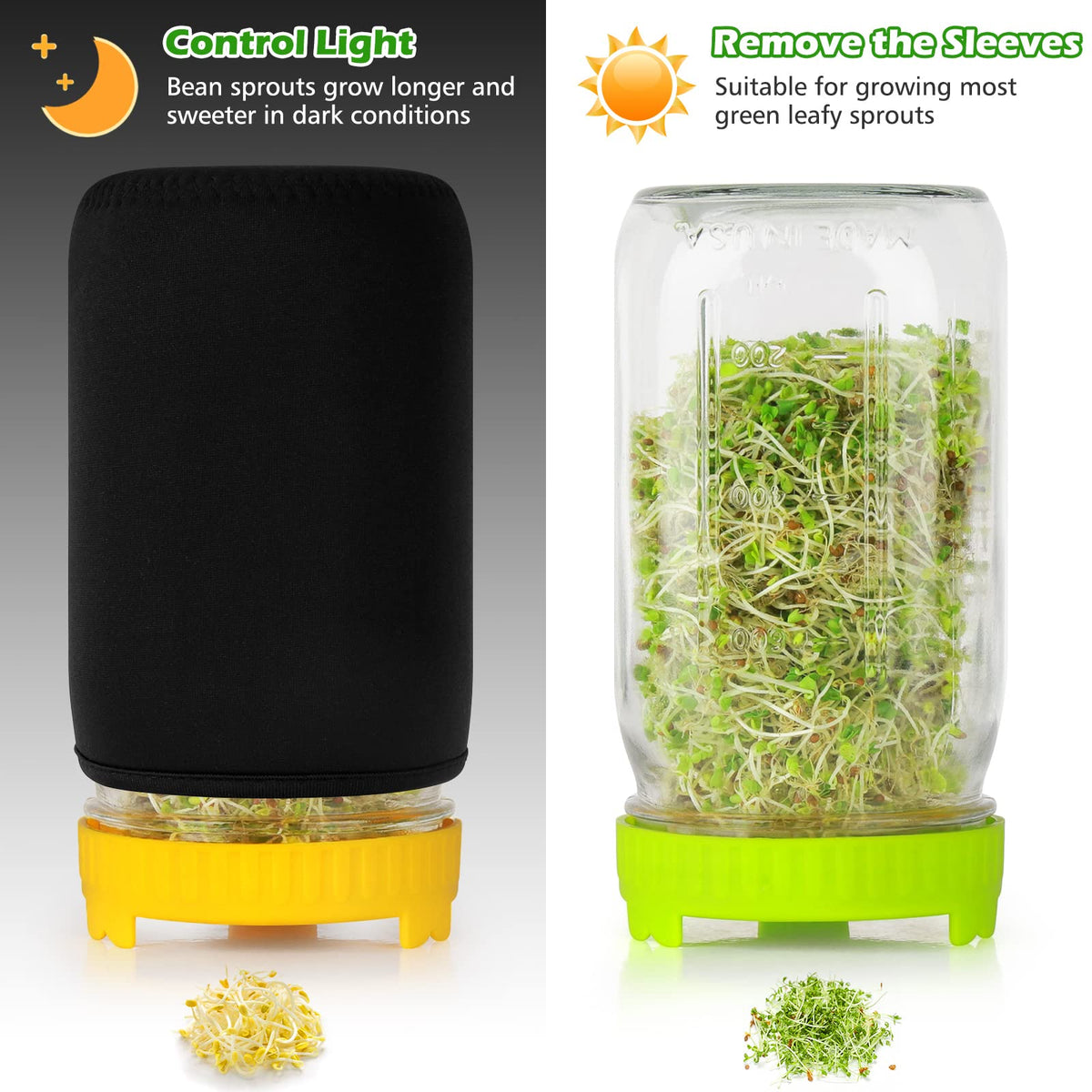Kitmiido sprout lids paired with jars for efficient rinsing