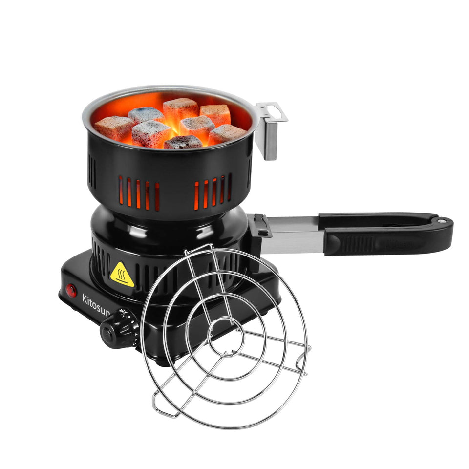 Kitosun electric stove front view highlighting durable steel body for quick charcoal lighting.
