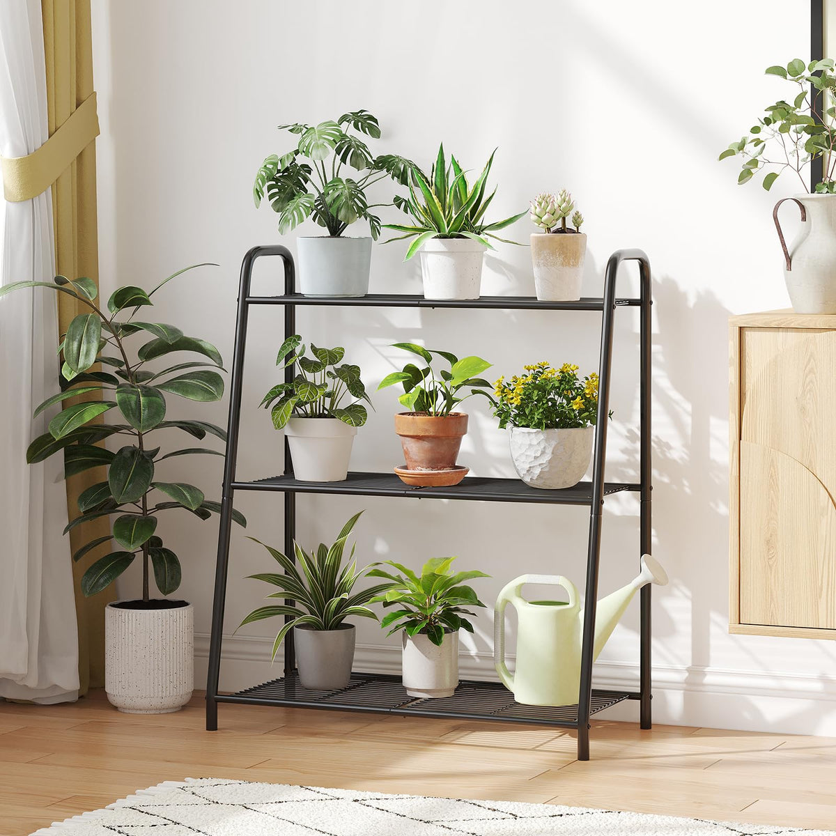 Kitsanery black metal stand blends with decor and keeps plants organized.