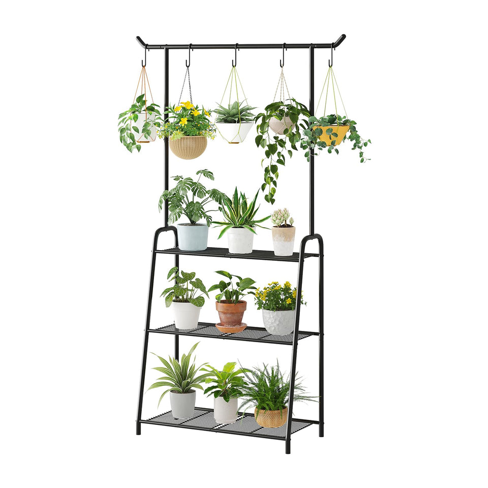 Kitsanery plant stand with 3-tier hanging top offers space-saving vertical display.