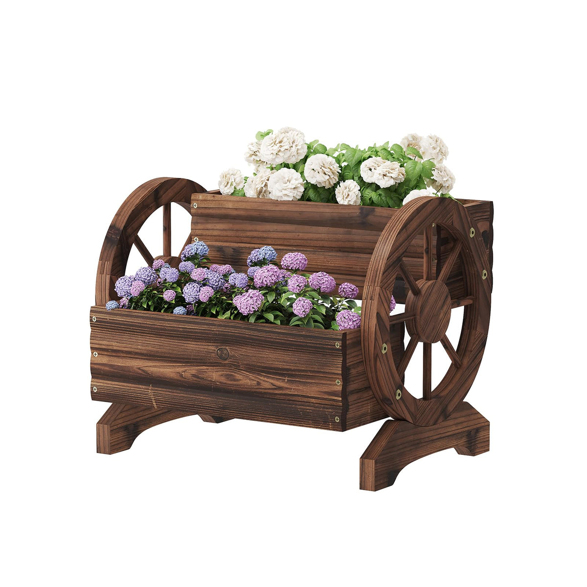 Kitsanery wooden planter box in dark brown with wheels, ideal for movable patio greenery.