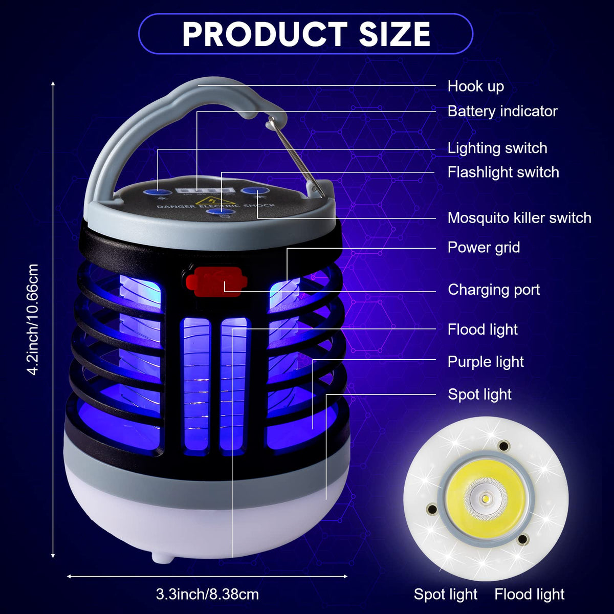 Kittmip 3-in-1 bug zapper with spotlight and floodlight for visibility.