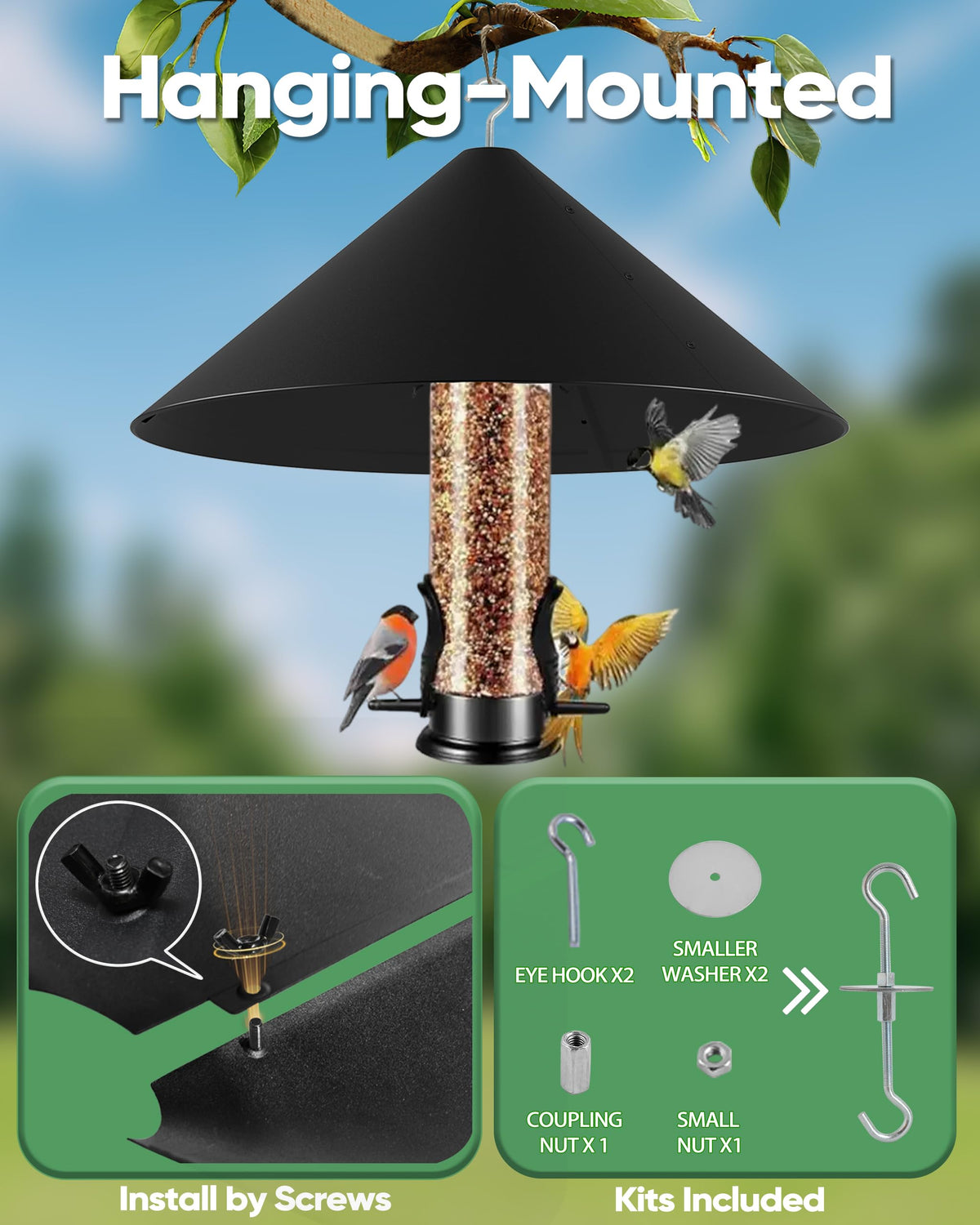 Kitvona outdoor protection keeps hanging feeders accessible to birds while deterring pests.