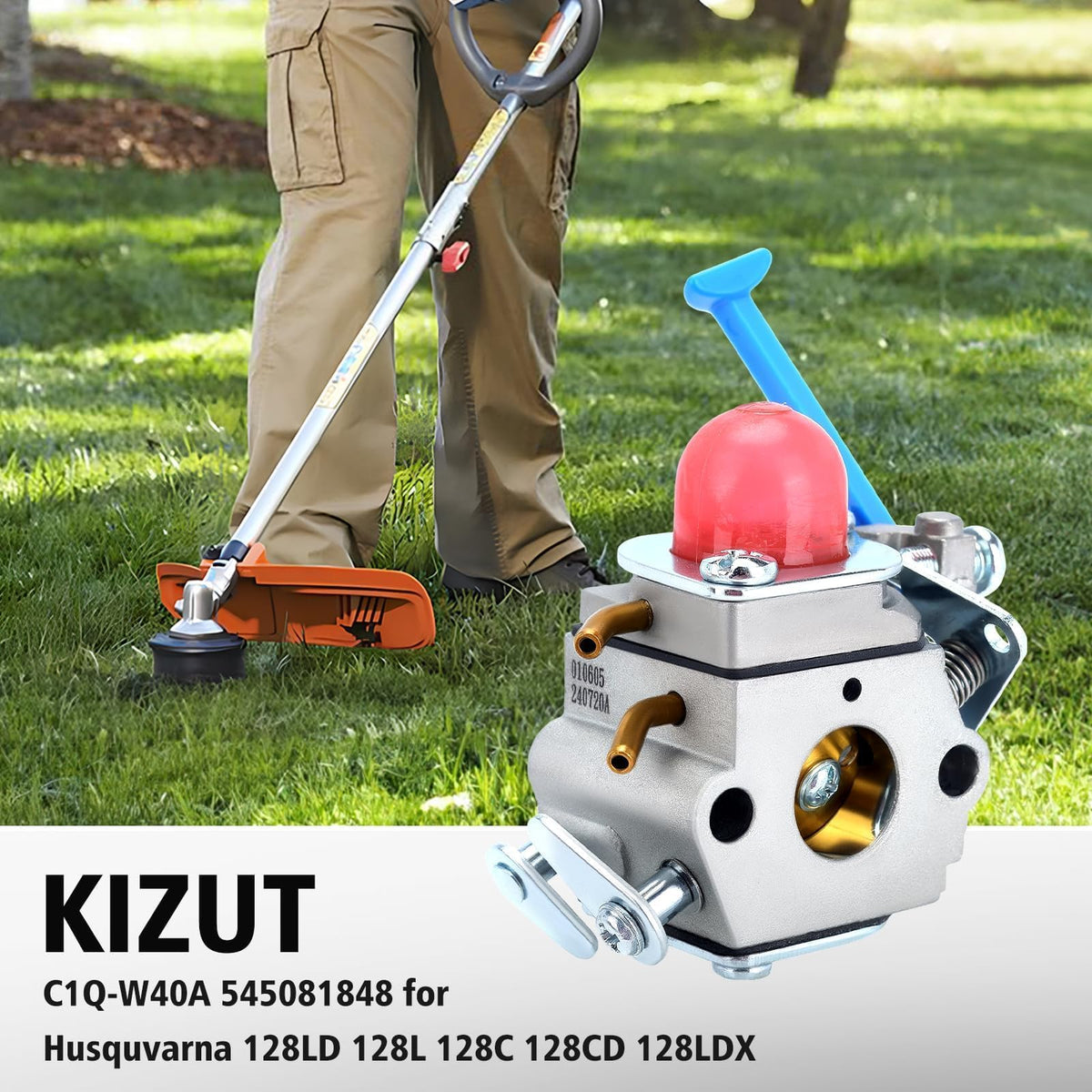 Kizut 128CD carburetor top detail highlighting jet adjustment area.