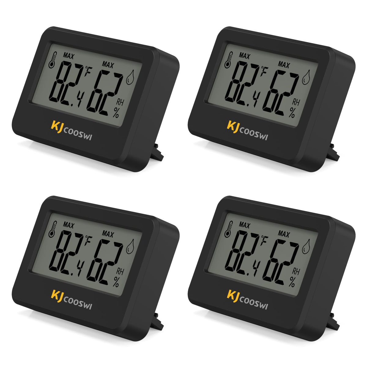 KJCOOSWI mini hygrometer with tabletop stand provides quick indoor temperature and humidity readings