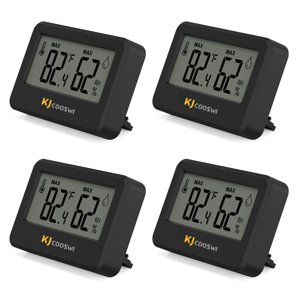 KJCOOSWI mini hygrometer with tabletop stand provides quick indoor temperature and humidity readings