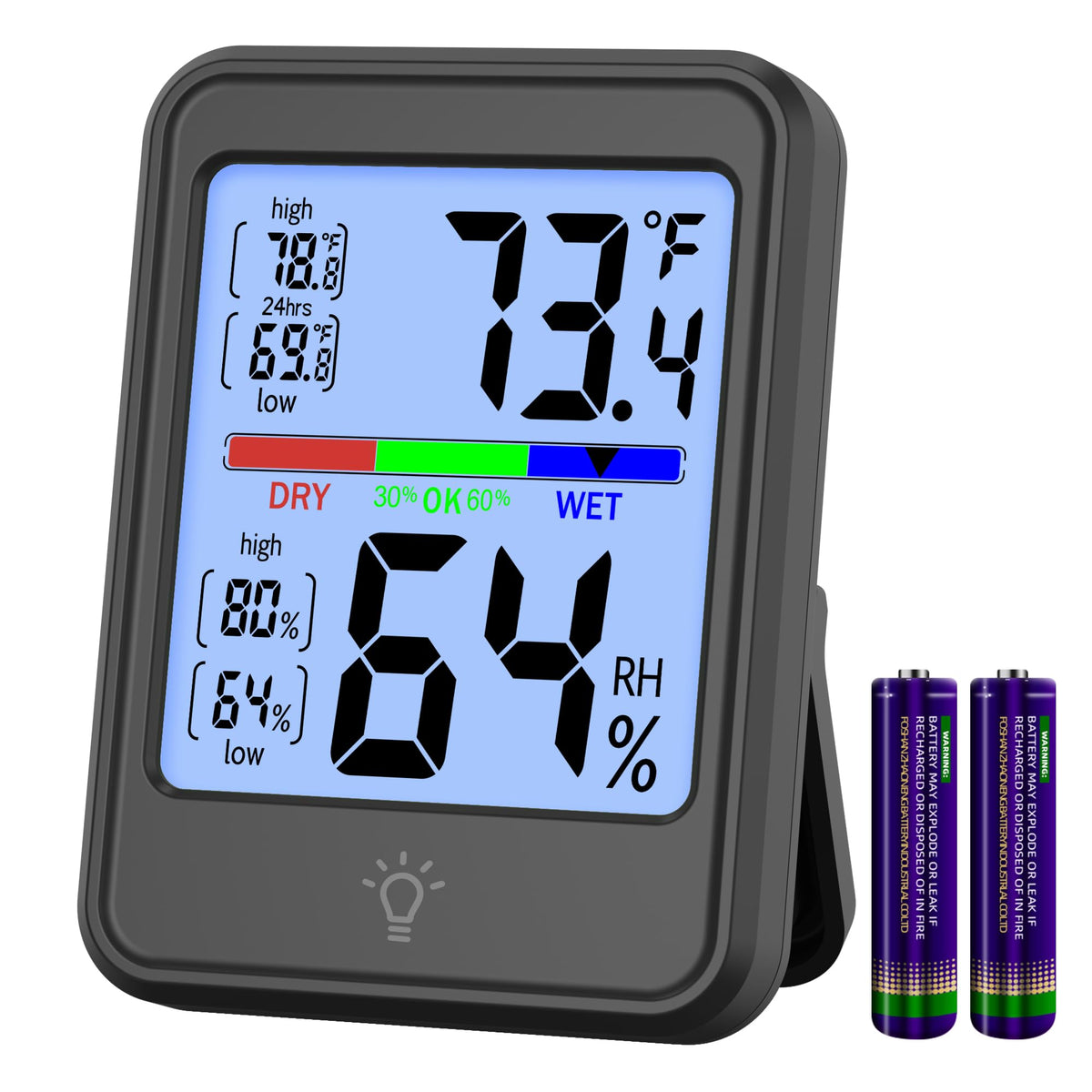 KJMOPRO digital thermometer-hygrometer backlit display for easy nighttime readings.
