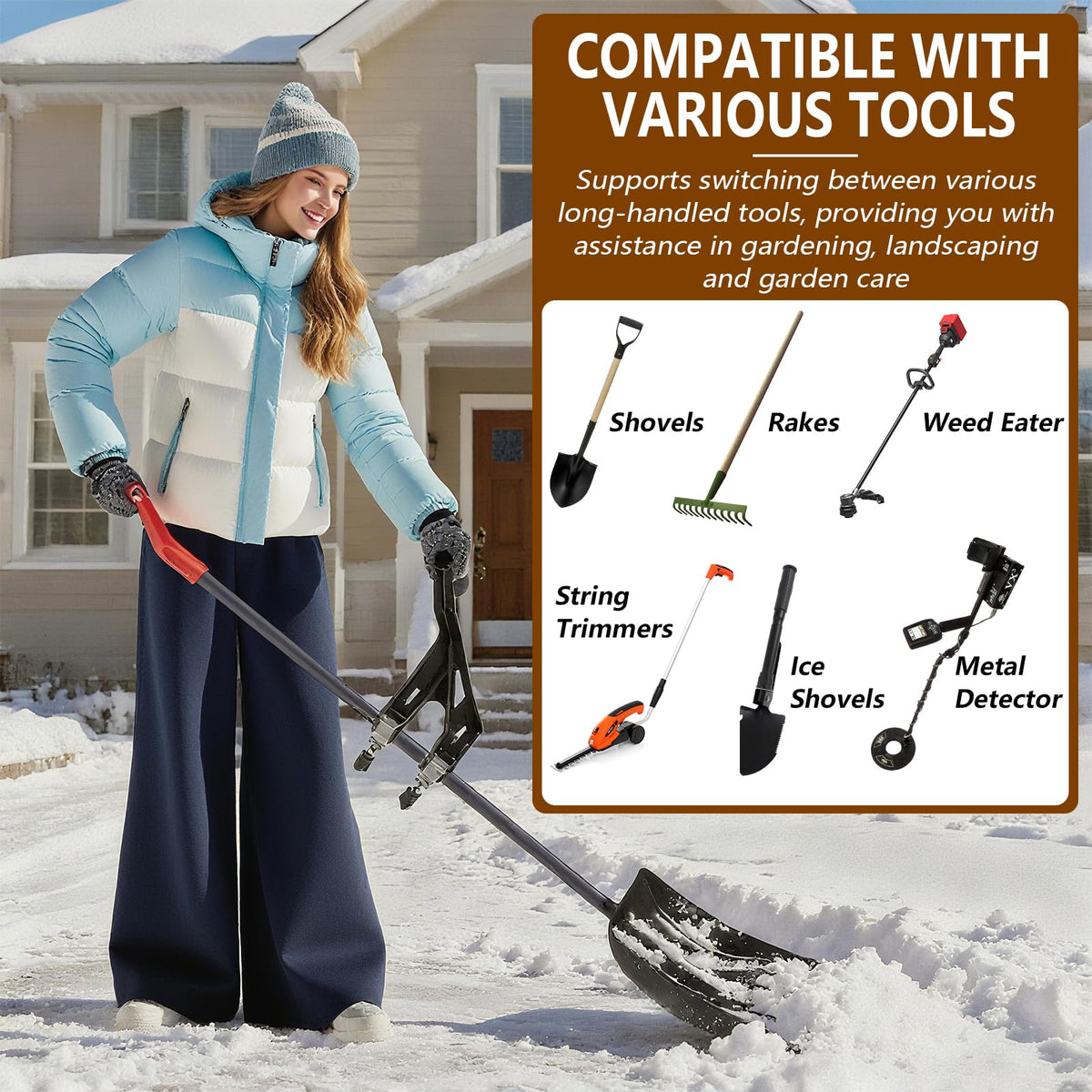 KJX multi-tool compatibility expands versatility across snow shovels, weed eaters, rakes, and more.