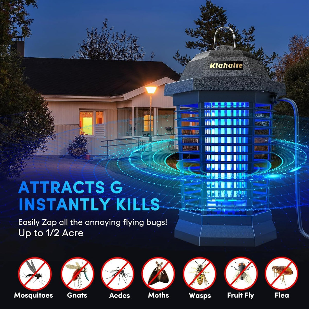Klahaite bug zapper outdoor side view highlights wide half-acre coverage