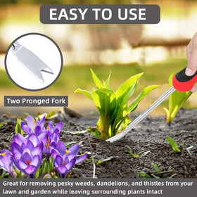 KLDOLLAR dandelion weeder with two-pronged fork targets stubborn roots.