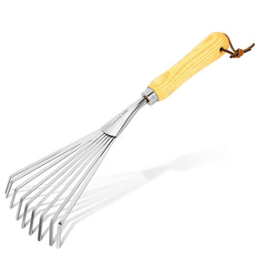KLDOLLAR hand rake with ergonomic wooden handle for comfortable gardening sessions.