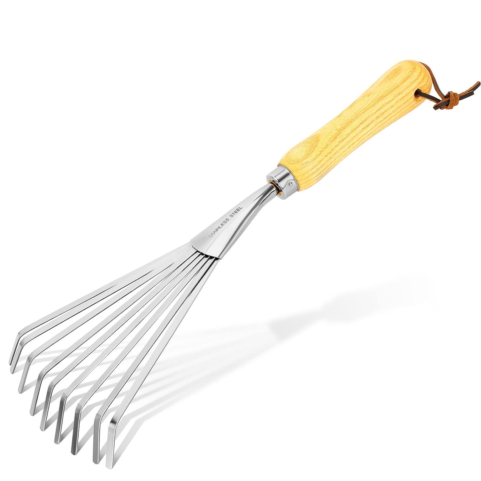 KLDOLLAR hand rake with ergonomic wooden handle for comfortable gardening sessions.