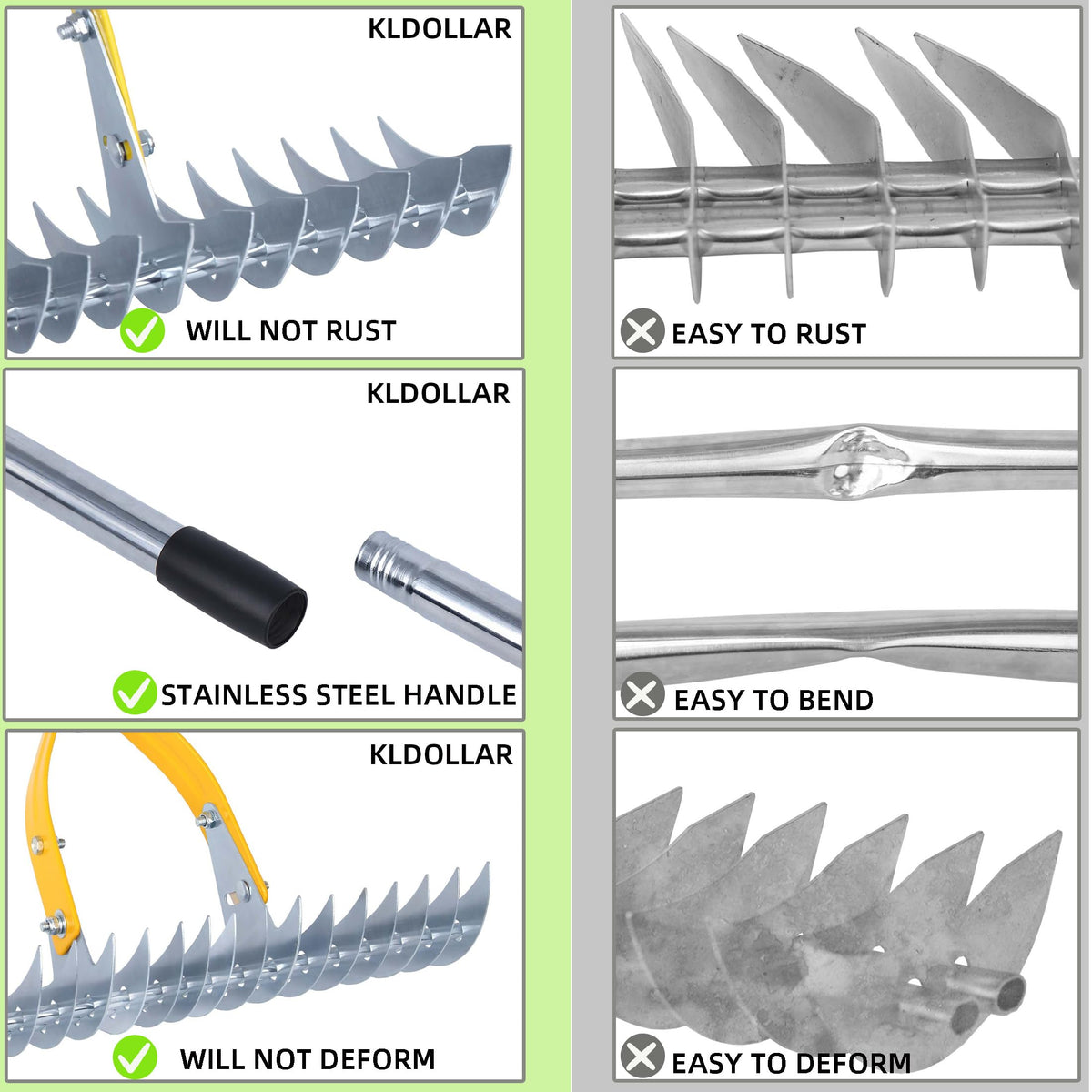 KLDOLLAR Thatch Rake removes debris from hard surfaces and garden areas