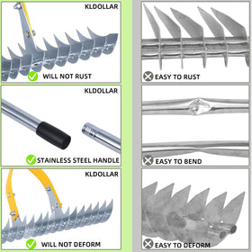 KLDOLLAR Thatch Rake removes debris from hard surfaces and garden areas