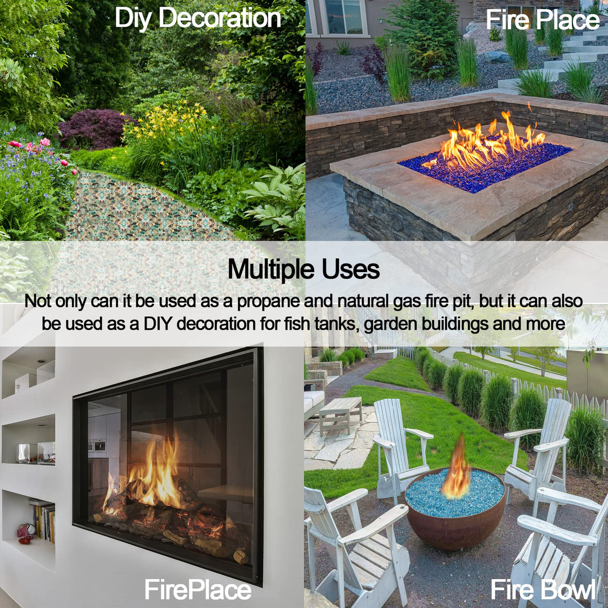 Kleuete Pacific Blue reflective beads enhance focal points in propane or natural gas pits.