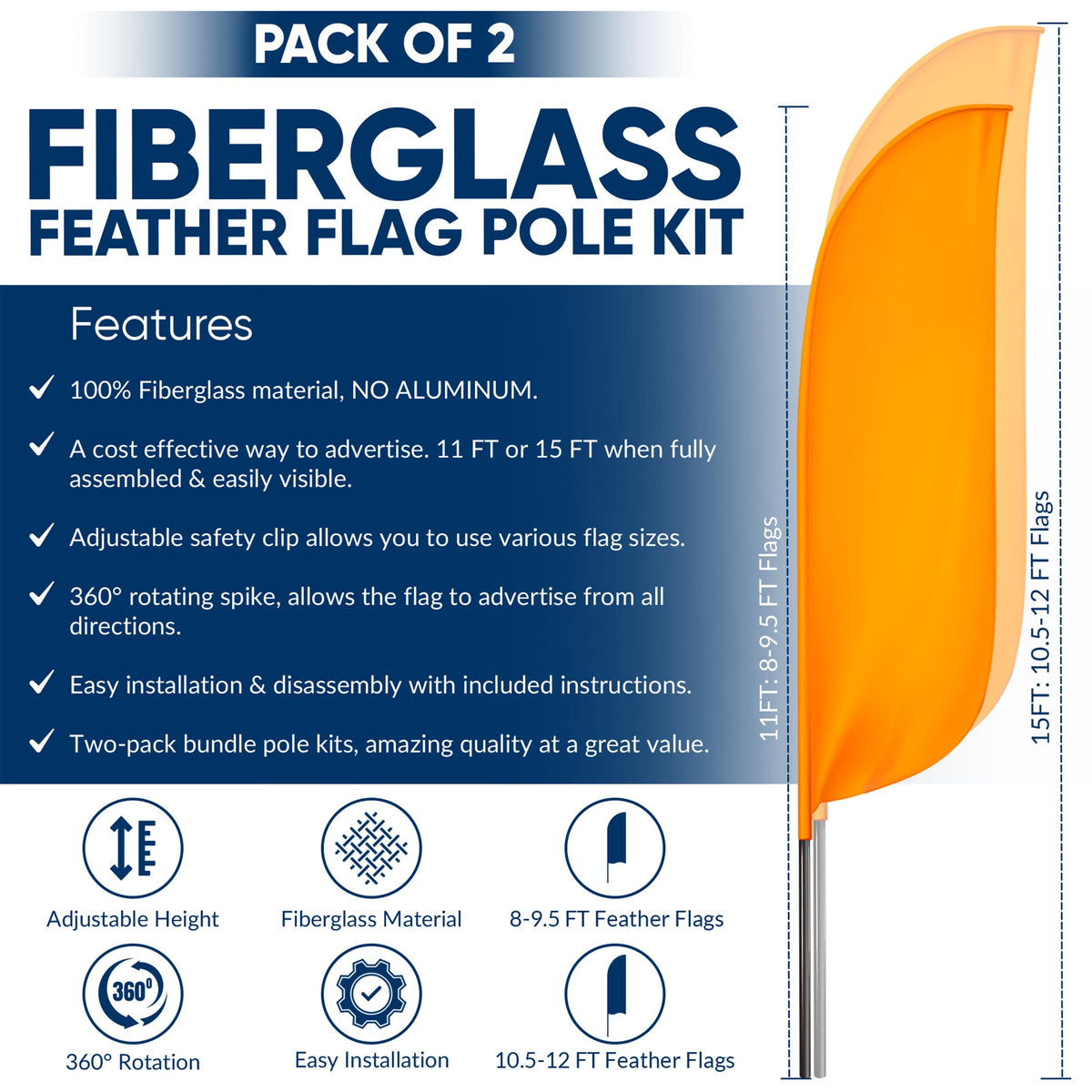KLEXORE & CO feather flag pole 11ft configuration for versatile signage heights.