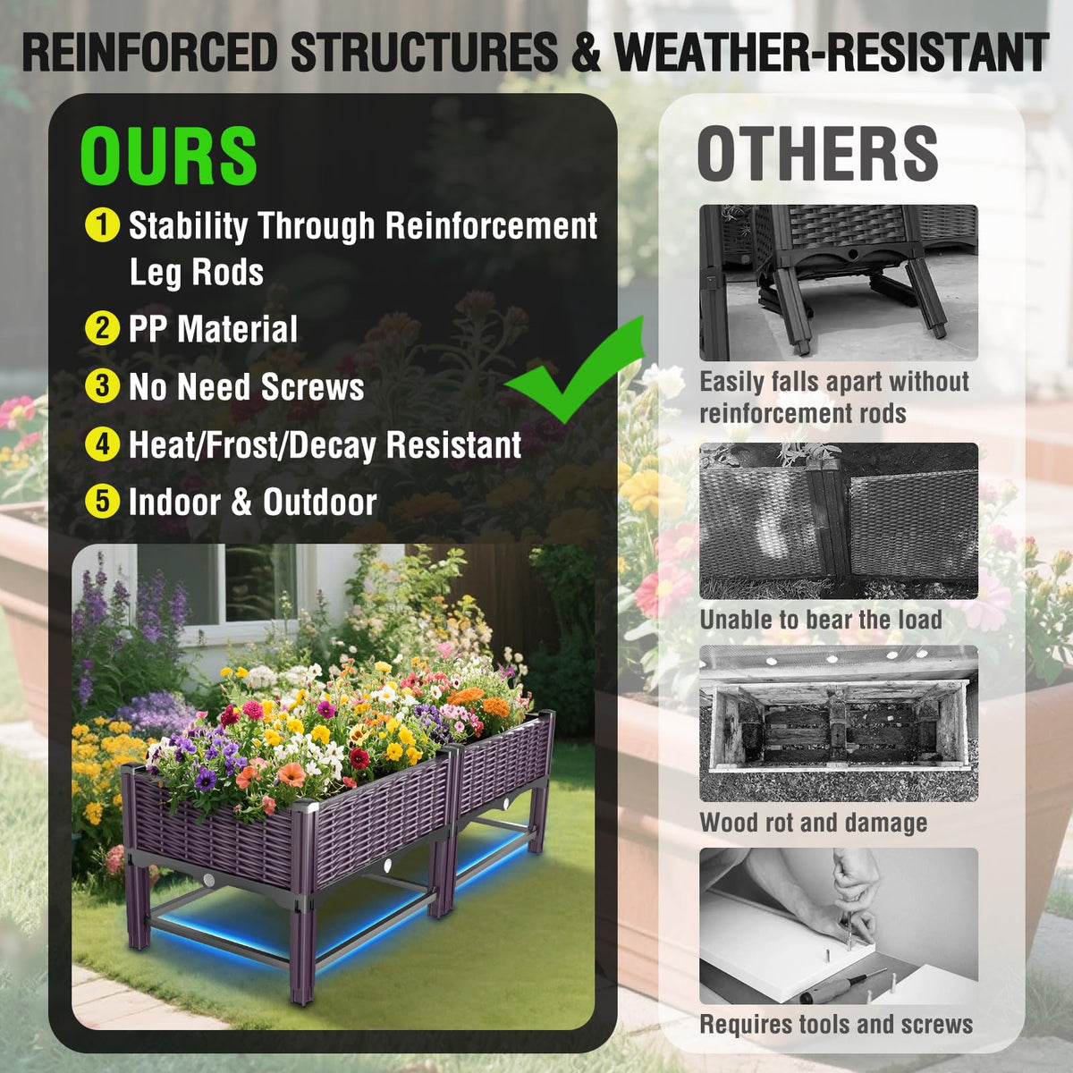 Klippehop raised garden bed water tray helps plants absorb moisture when needed.