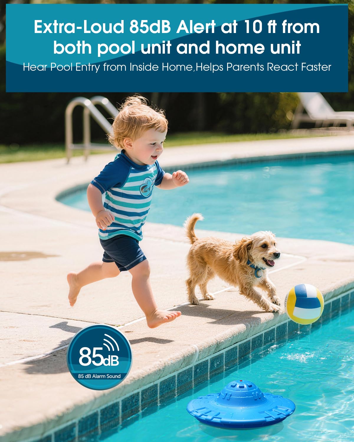 KLORVA pool alarm emits 85dB sound for distant audible warning.