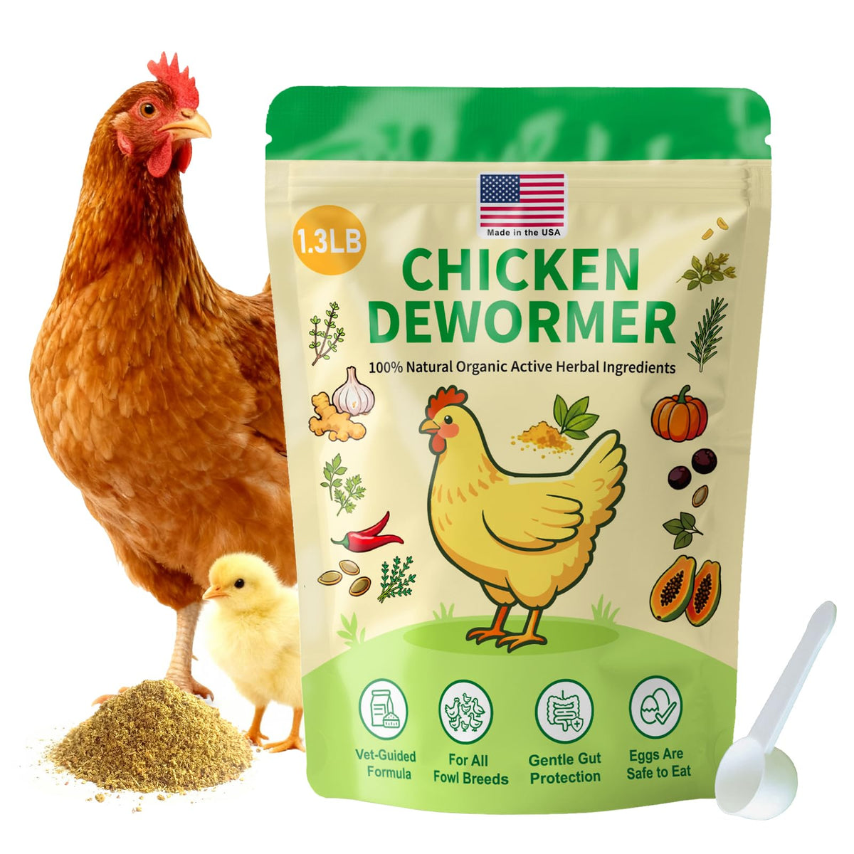 KLUORAN natural chicken de-wormer powder bottle supports daily nutrition for flocks.
