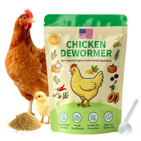 KLUORAN natural chicken de-wormer powder bottle supports daily nutrition for flocks.