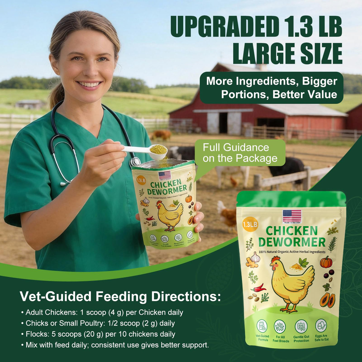 KLUORAN packaging display with herbal poultry supplement.