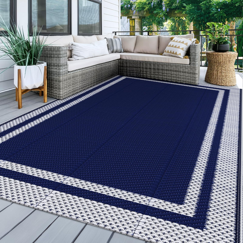 KMAT Outdoor Rug front view on grass showcases a durable 6x9 ft surface for patios