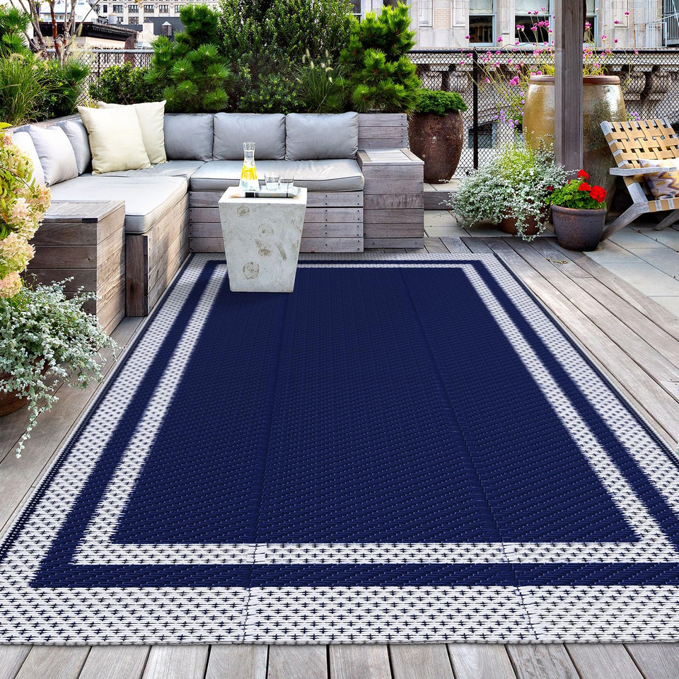 KMAT Outdoor Rug blue and white double-sided weave for versatile styling.