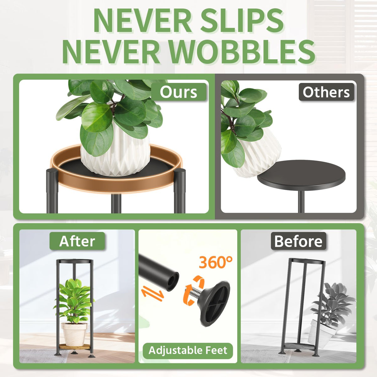 KMOTASUO adjustable feet stabilize the stand on uneven floors.