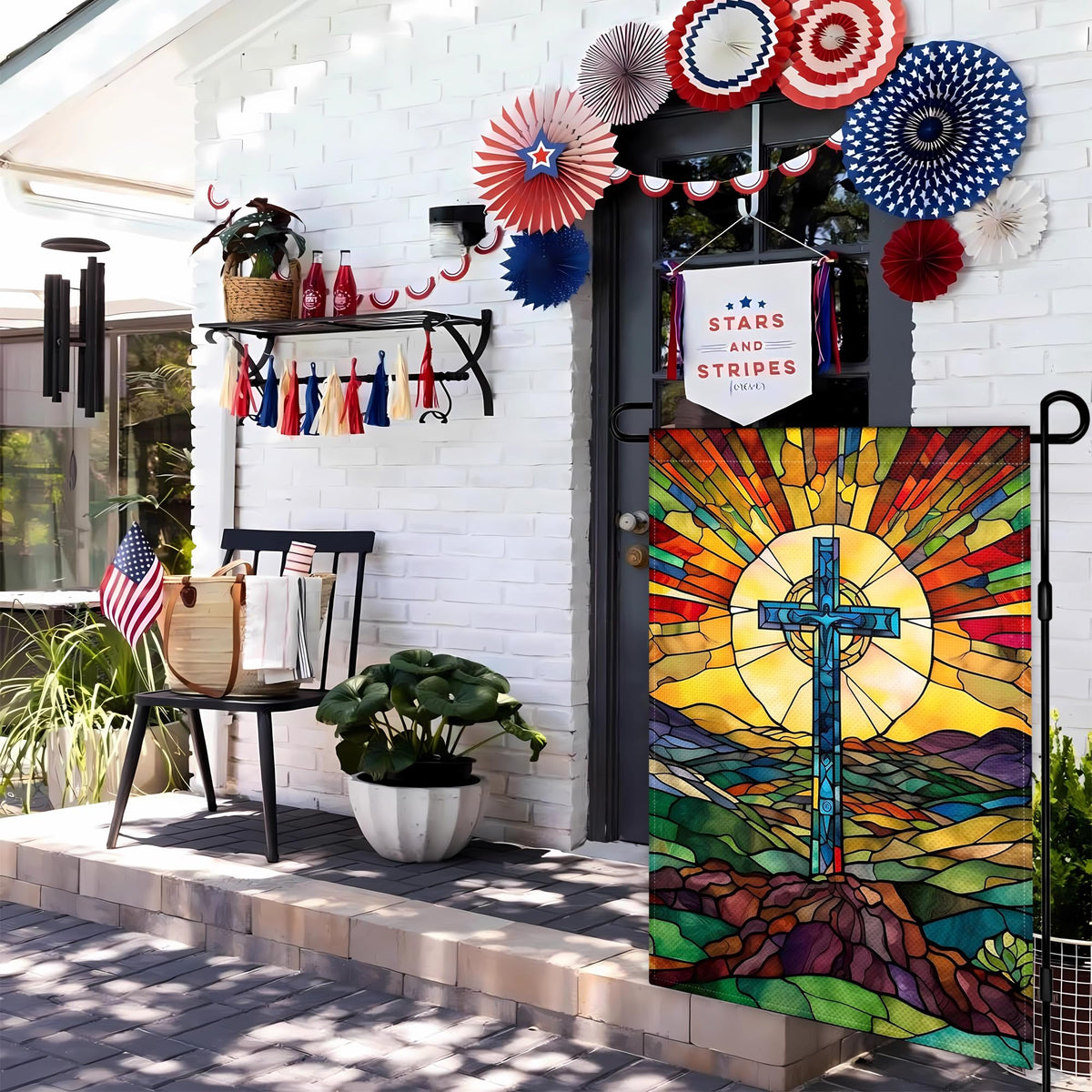 KNAPAL Christian Cross Garden Flag back view highlighting symmetrical print for year-round visibility.