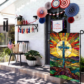 KNAPAL Christian Cross Garden Flag back view highlighting symmetrical print for year-round visibility.