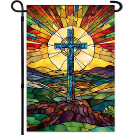 KNAPAL Christian Cross Garden Flag front view showing stained glass-inspired design for outdoor decor.
