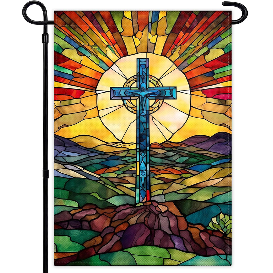KNAPAL Christian Cross Garden Flag front view showing stained glass-inspired design for outdoor decor.