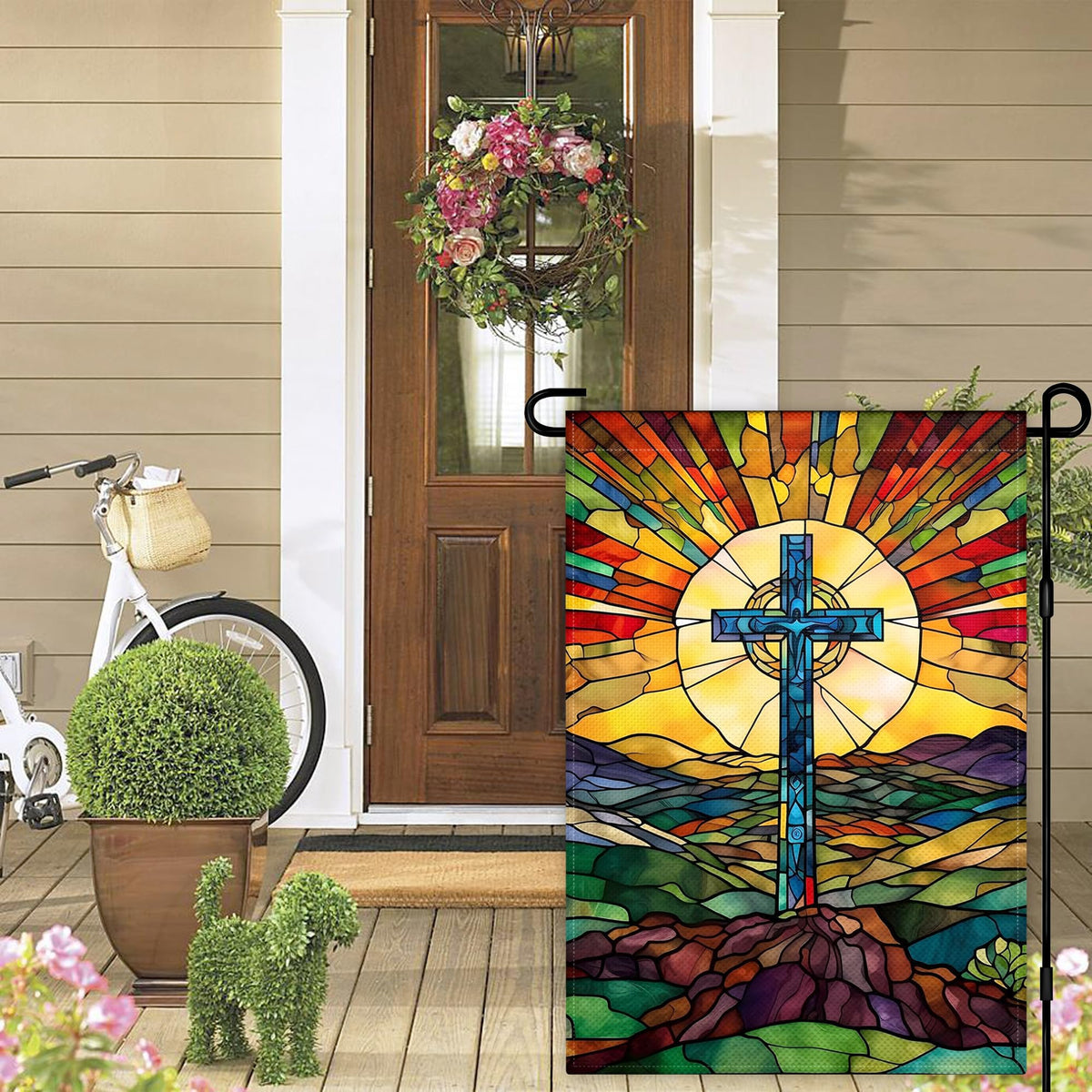 KNAPAL Jesus Cross Garden Flag features vibrant colors that endure sun exposure.