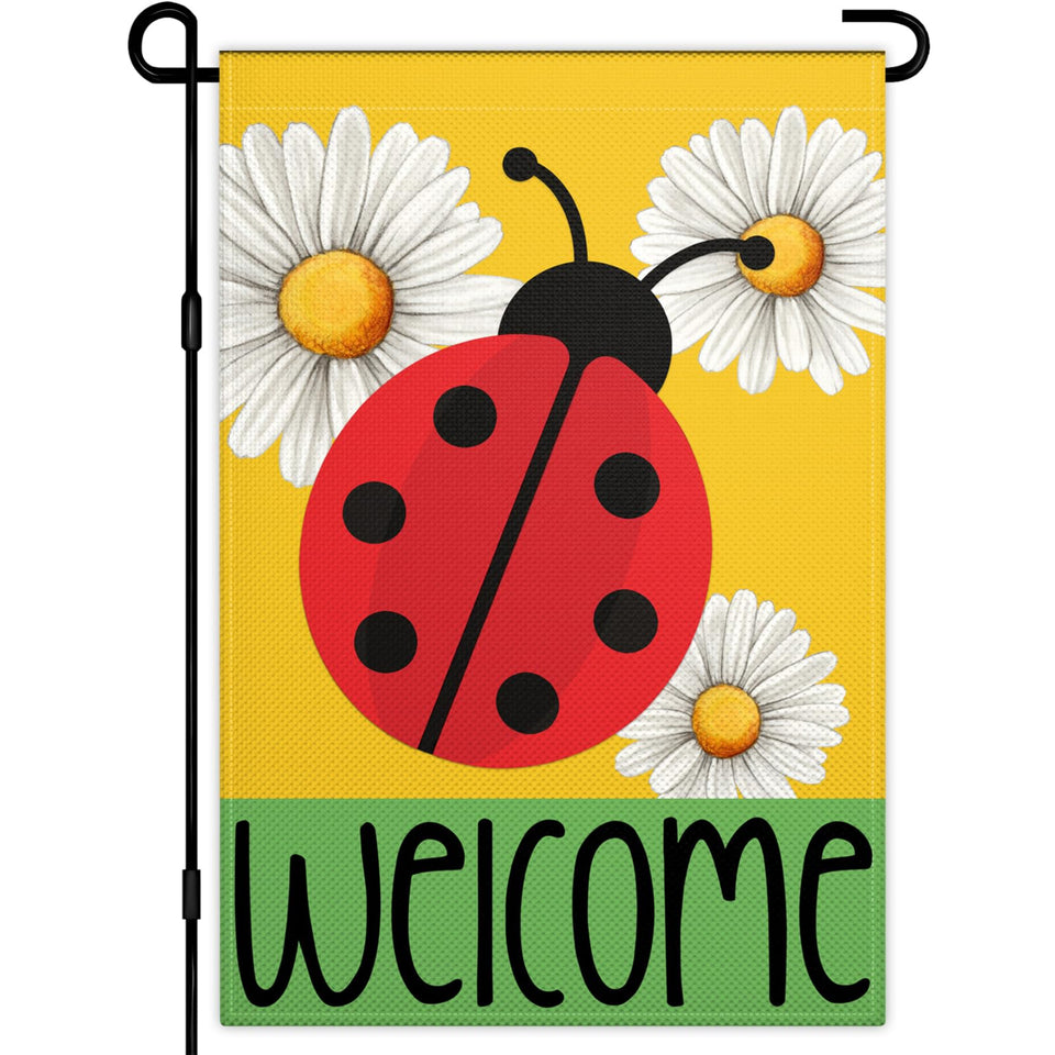KNAPAL ladybug garden flag with daisy welcome, double-sided 12x18, ideal for outdoor display.